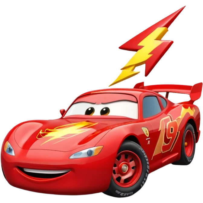 Rayo McQueen racing, dynamic pose, red car with lightning bolt emoji
