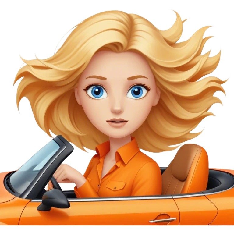 Cinematic realistic blonde with blue eyes, driving an orange Mercedes car, her hair blowing in the wind emoji