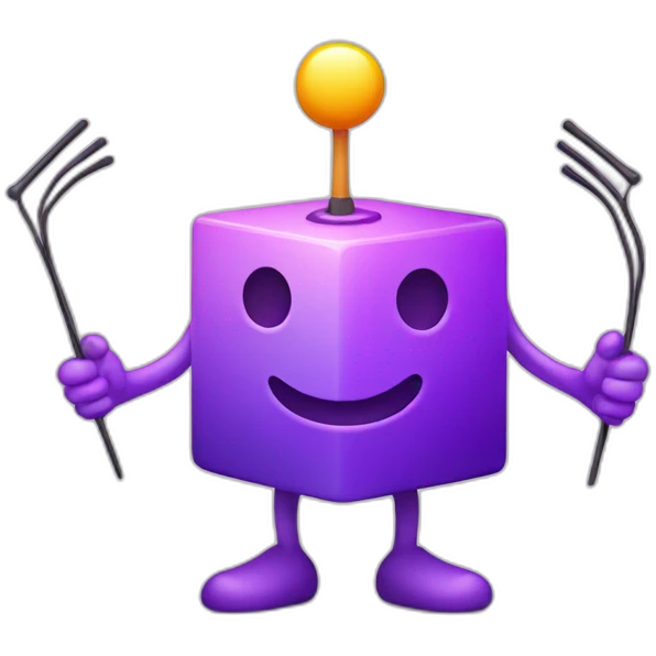 purple gradient colored smiling cube with 2 long hands and 2 long legs with a dish antenna as a hat emoji
