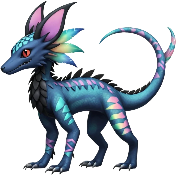 Rare realistic tribal patterned whitish pastel colorful iridescent shiny glossy feathery epic handsome gorgeous aesthetic black-skulled Vernid-Trico-Sergal-Salandit-Nargacuga-species-Fakemon-creature by LiLaiRa, 4 legs, 1 tail, random markings, (full body) long ears emoji