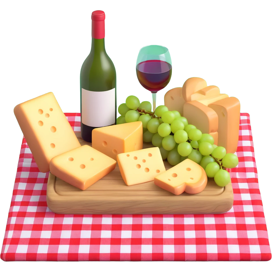 picnic with cheese, bread, grapes and wine on a red and white checkered blanket emoji