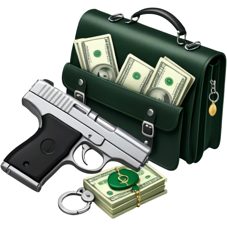 Icon for Action & Crime Reading: open book with text and picture, silhouette of a gun, a bag of money, a police badge. Surrounding elements include a pair of handcuffs, a briefcase and scattered bullet casings. Transparent background. emoji