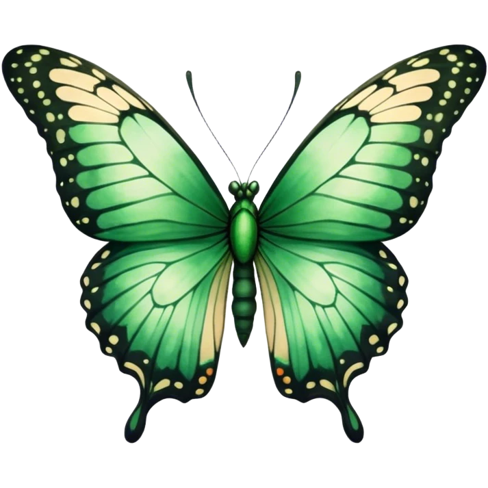 A majestic emerald-green butterfly with wide, intricately detailed wings, painted in a soft watercolor style. The edges of the wings fade into deep black, creating a striking contrast against a warm beige background.
 emoji