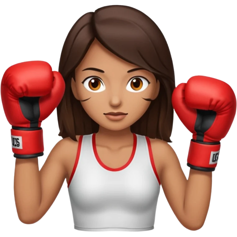 An woman with long dark brown hair light brown eyes in boxing gloves emoji