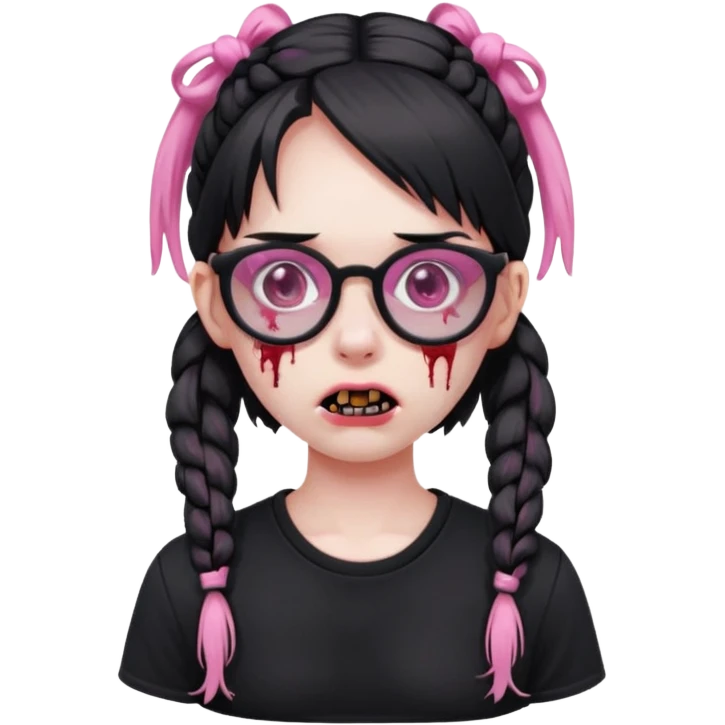 Zombie girl black shirt length pigtails with pink glasses emoji