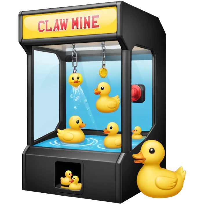 Claw machine arcade game with crane picking up a rubber ducky emoji