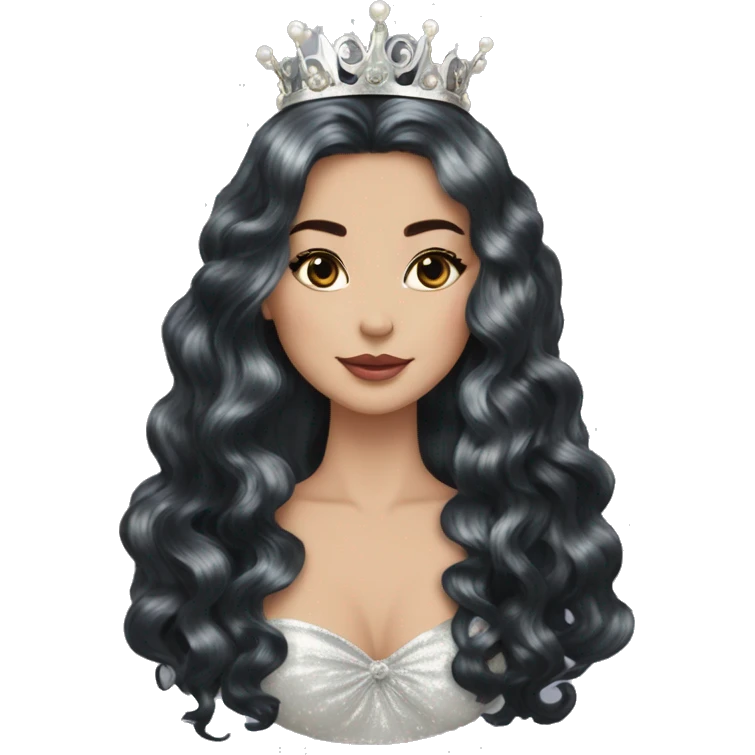 Regal pretty lady cheekbones crown vintage with very long iridescent black and silver hair wavy black hair pearl crown iridescent emoji