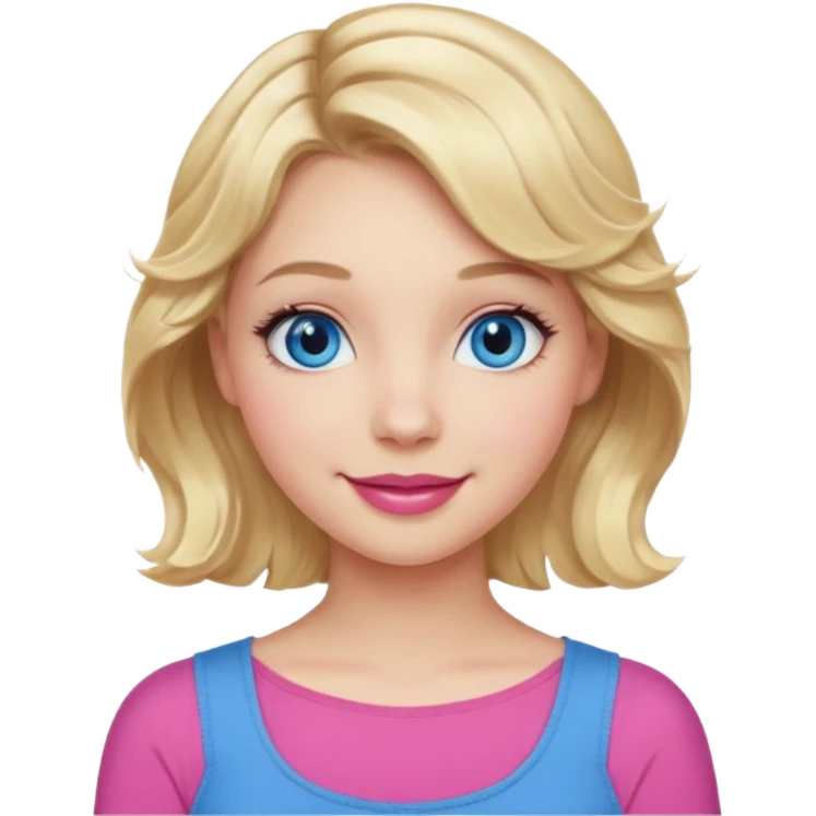 Girl Blonde short wavy hair,  blue eyes, cute blue top, long lashes, pink lips, smiling, 💁🏻‍♀️  emoji