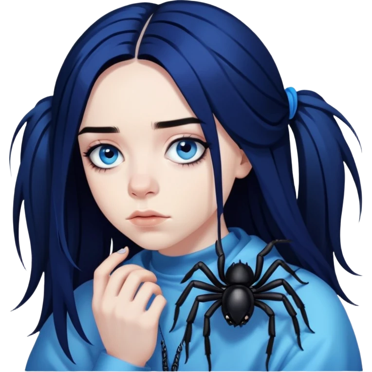 billie eilish, blue eyes, long black hair, dark eyeliner makeup, holding blue spider emoji