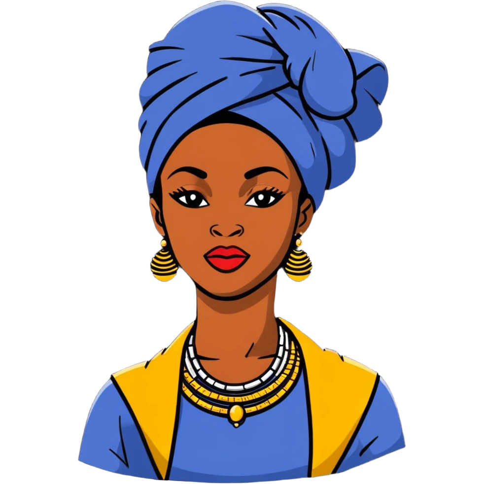 Fashionable African woman with designer clothes, stylish headwrap, statement jewelry and confident pose emoji