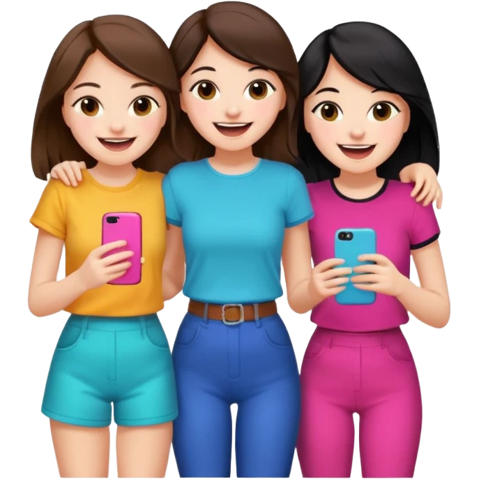 3 brown friends having fun, one with black hair, 2 with brown hair, girly style emoji