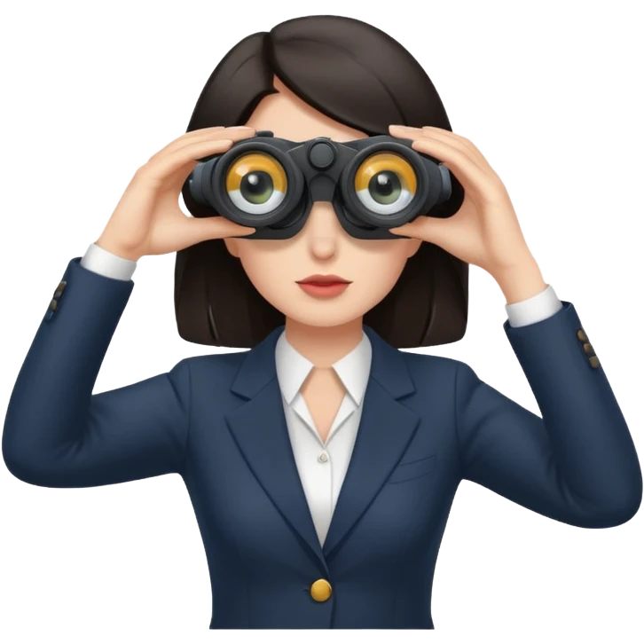 a white woman with dark hair in a business attire looking into binoculars emoji