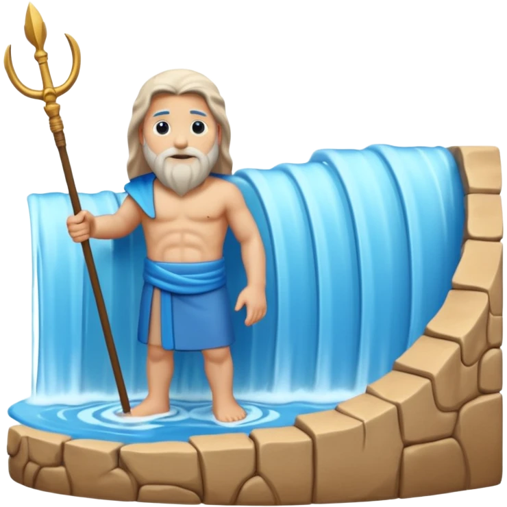iOS-style 3D emoji: parted sea forming two high curved water walls, with a small figure of Moses in the middle holding a raised staff, standing on dry ground. emoji
