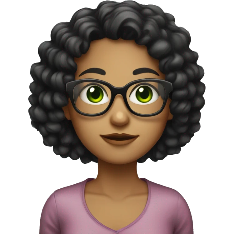 Girl with black curly hair, green eyes and red glasses with a square and bevel emoji