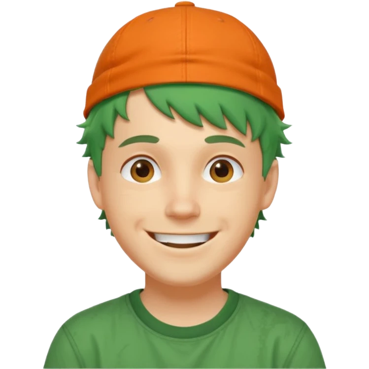 white man with big smile, short green messy hair, orange backwards cap, streetwear vibe emoji