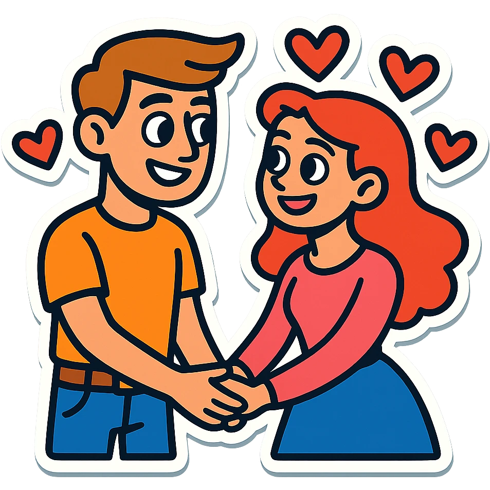 Sticker of Sasha and Yulia, two young lovers, in a vibrant toon style. They are holding hands and smiling at each other, with hearts floating around them. emoji