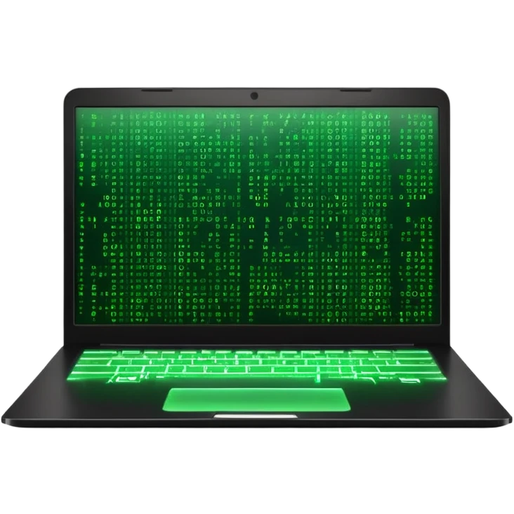 laptop computer with bright green digital screen with Matrix code emoji