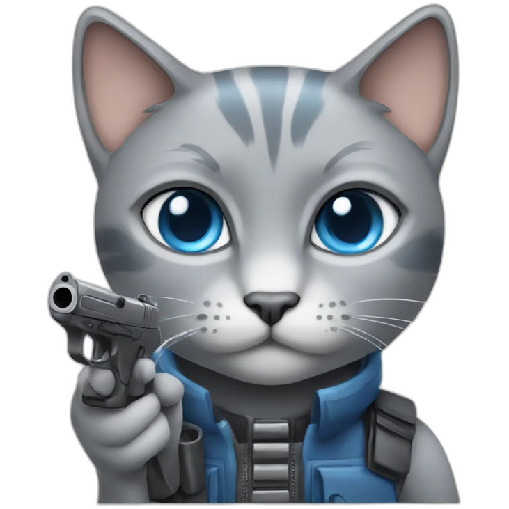 Blue eyed Grey Cat with gun emoji