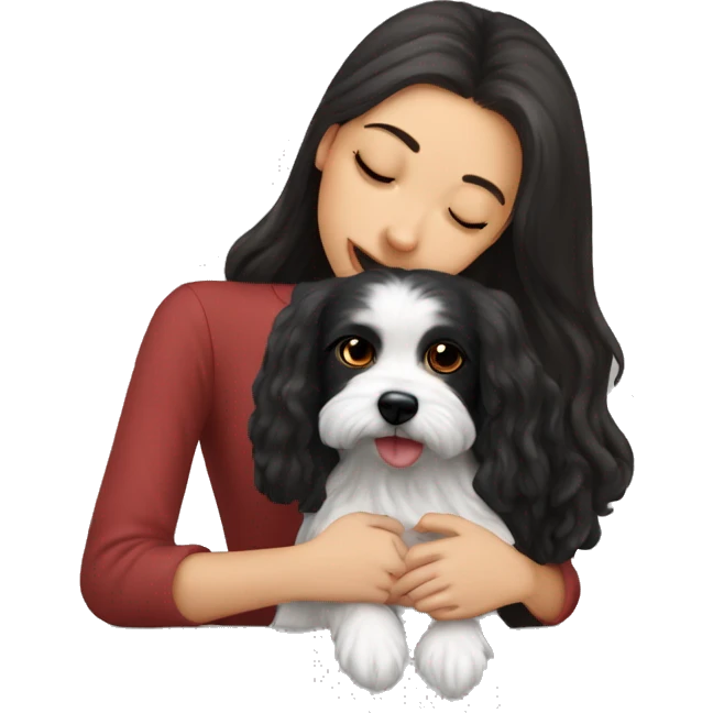 Dark-red-haired girl kiss her Maltese-Black-dog emoji