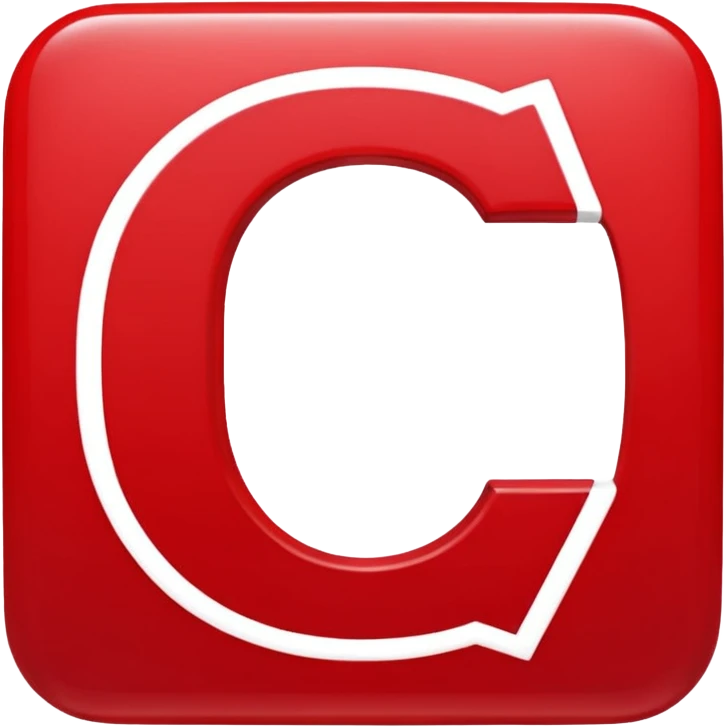 A bold white capital letter "C" centered inside a red rounded square, flat emoji design, glossy shiny light reflection on the top left, same style as 🅱️ emoji, simple and clean, transparent background, no extra elements emoji