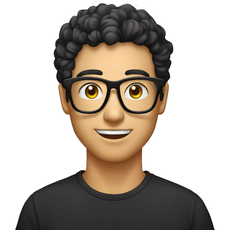 Garçon homme avec cheveux bouclés lunettes avec monture transparent avce t shirt noir emoji
