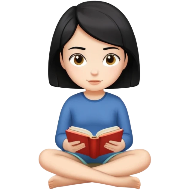 Girl with short hair sitting cross-legged reading an open book emoji
