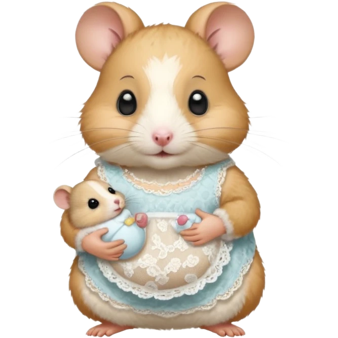 Mama white pretty hamster girl wearing lace dress holding a baby hamster wearing nappy and dummy emoji