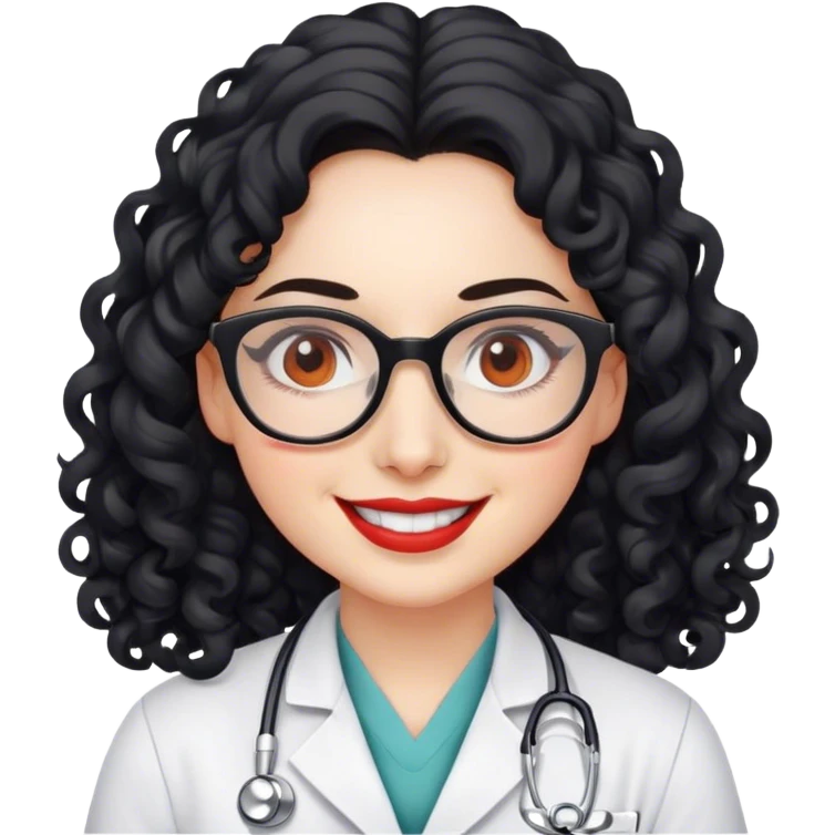 smiling doctor woman, brown eyes, white skin,  long black curly hair with glasses with red chicks emoji