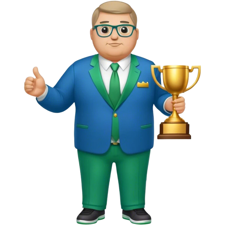 full body white obese male basketball coach with trophy. Wearing glasses and blue and green suit emoji