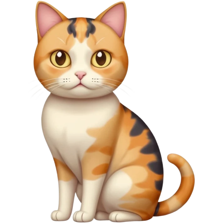 full body calico cat with skinny head and fat body with an anxious face emoji