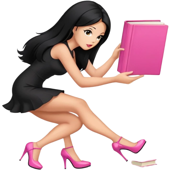 Bimbo in heels in black mini dress, long black hair tanned skin, pick up pink book from ground, emoji