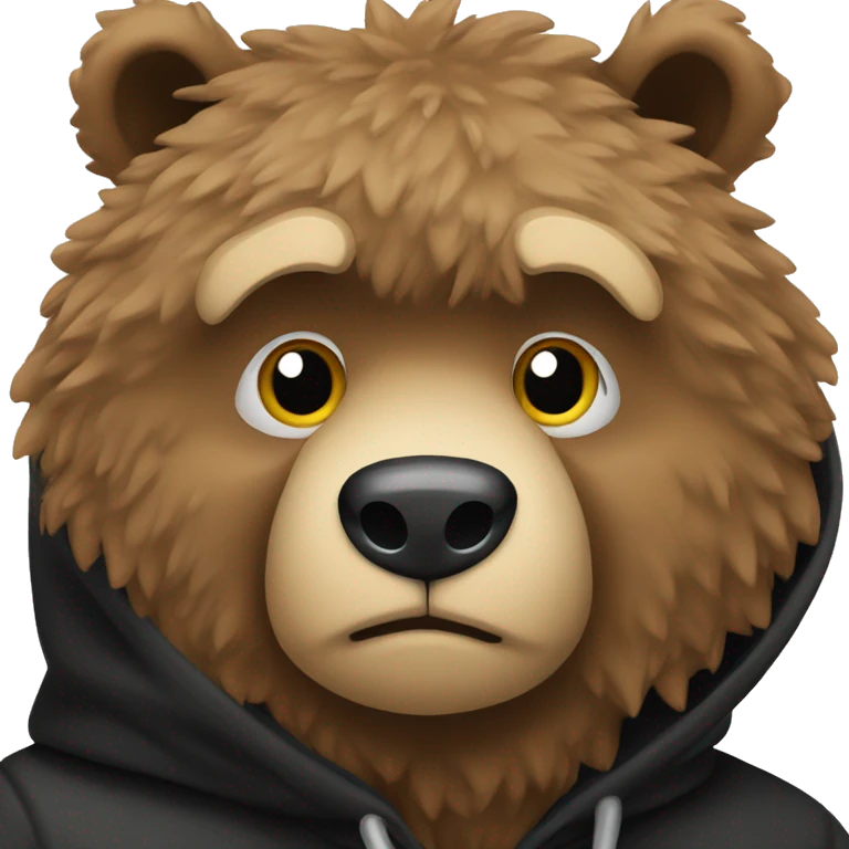 A rugged bear with a fitted black hoodie pulled up over its fur emoji