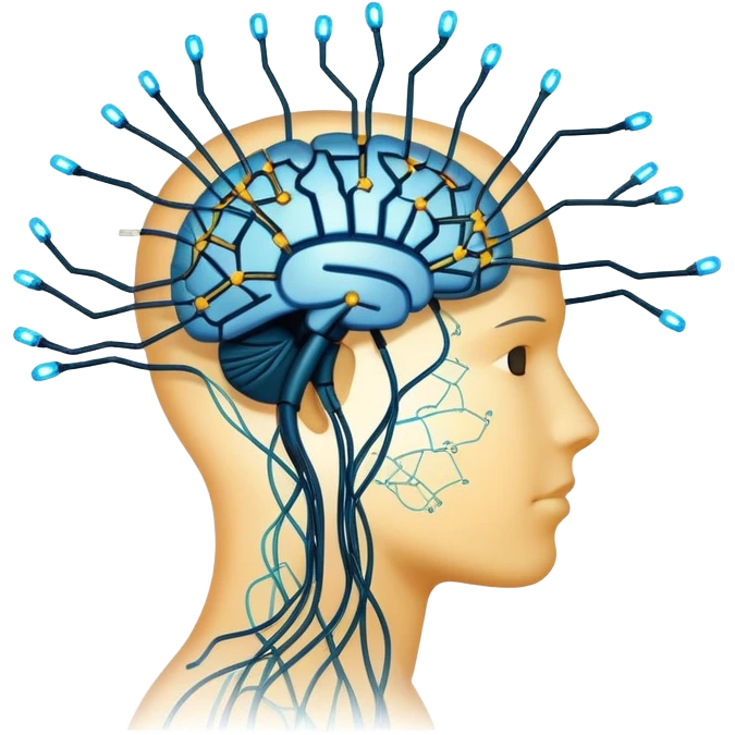 An icon featuring a human head silhouette with circuit patterns, a glowing brain, and neural network nodes, symbolizing artificial intelligence. The design includes data flow lines and robotic elements, representing machine learning and advanced computation. Transparent background emoji