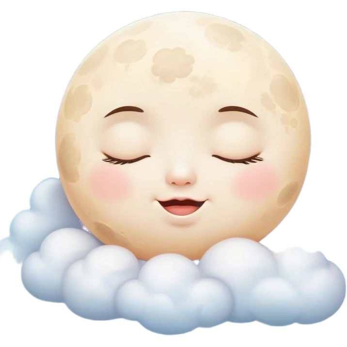 Cinematic adorable moon with a sleepy face, round and chubby, soft glowing light, tiny rosy cheeks, resting on a bed of fluffy clouds, dreamy and peaceful. emoji