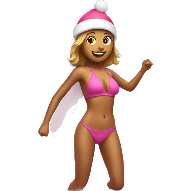 Girl surfing in pink bikini with pink Santa hat on emoji