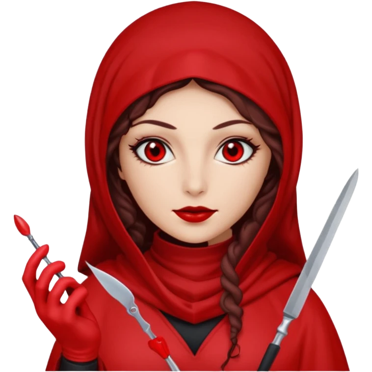 Lilith scalpel in hand, evil surgeon outfit.  She has red eyes. She has dark brown curly hair. Hair is long . Wears sexy doctor outfit with red gloves. Clears, mouth with Muslim red burka emoji