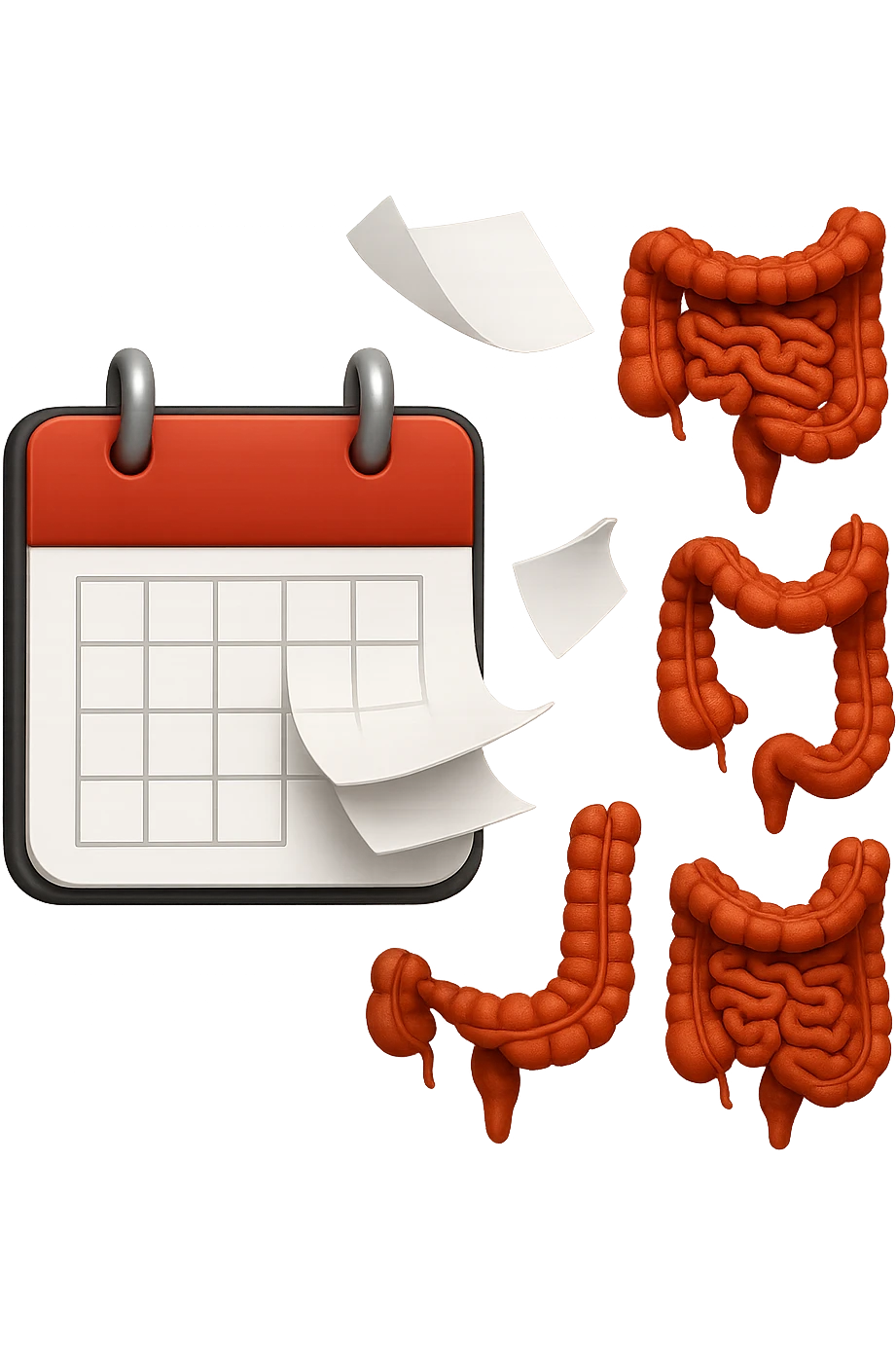 emoji stile iphone di un calendario con fogli che volano insieme a pezzi anatomici di colon umano, iperrealistico 4k, isolato su sfondo bianco emoji