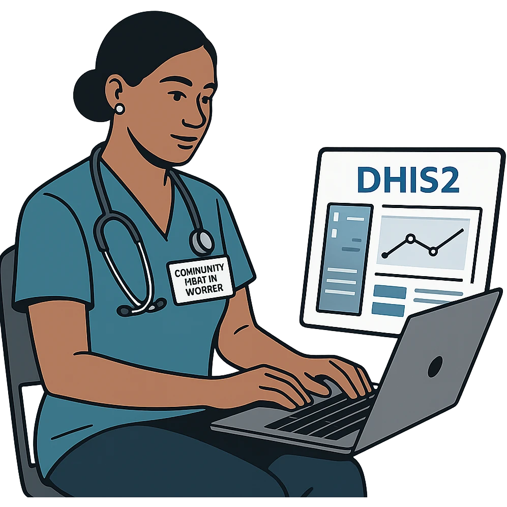 community health worker using DHIS2, digital health data entry, modern, clear, professional emoji