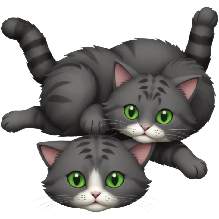 solid dark grey cat with green eyes, completely solid grey face, white toes/paws playing rolling upside down emoji