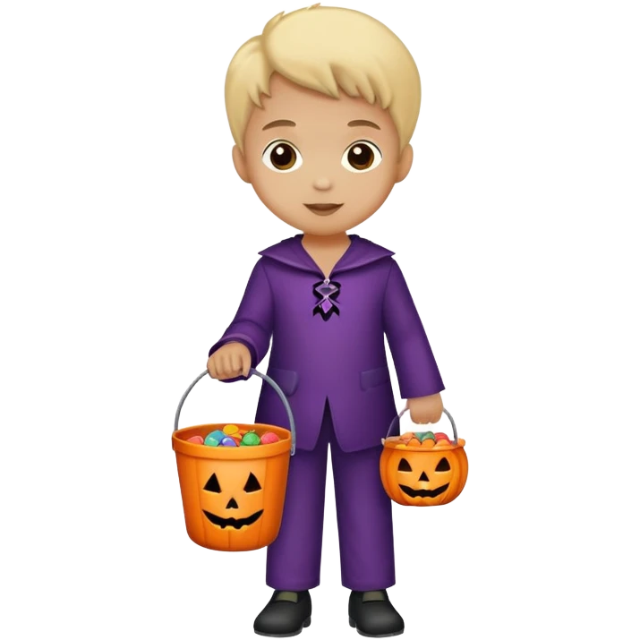 child trick-or-treating in a Halloween costume, holding a candy bucket emoji