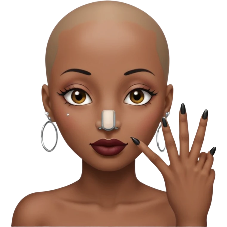 Grown black (proud) woman, bald with a perfect head, a prominent nose with a septum piercing, many piercings on her ears, a gap between her front teeth and very long nails (cynthia erivo) a proud lesbian, with long lashes and her finger tapping her head emoji