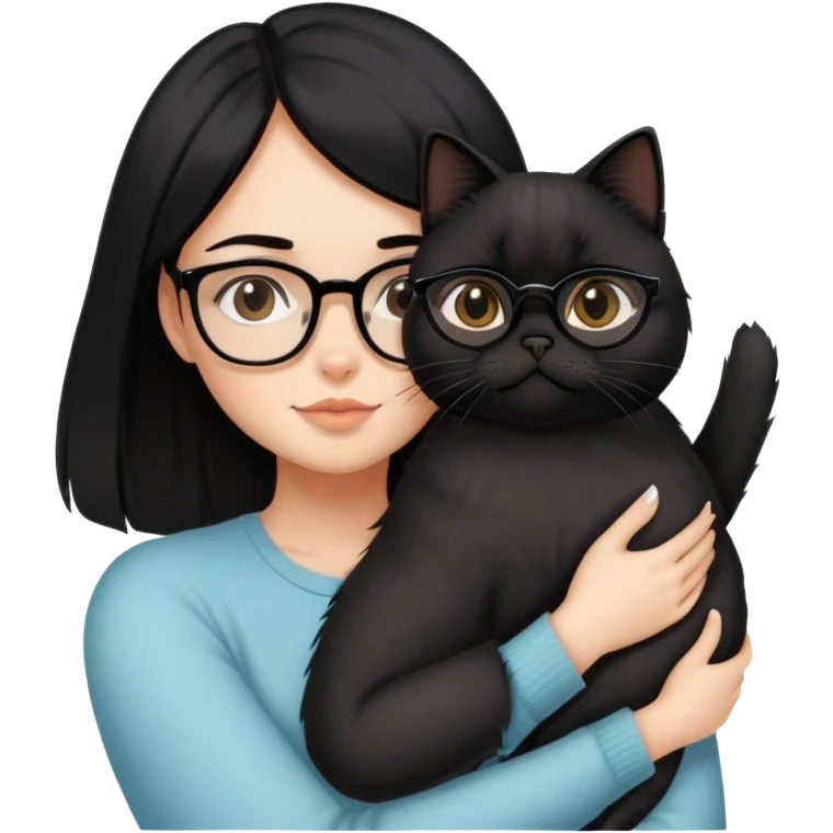 a beautiful medium size girl with black straight hair and a glasses hug a black persian cat emoji