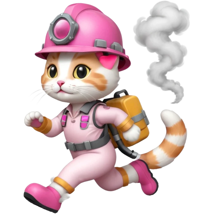 A cute white and pink cat dressed as engineer with a helmet running fast with smoke under her feets emoji