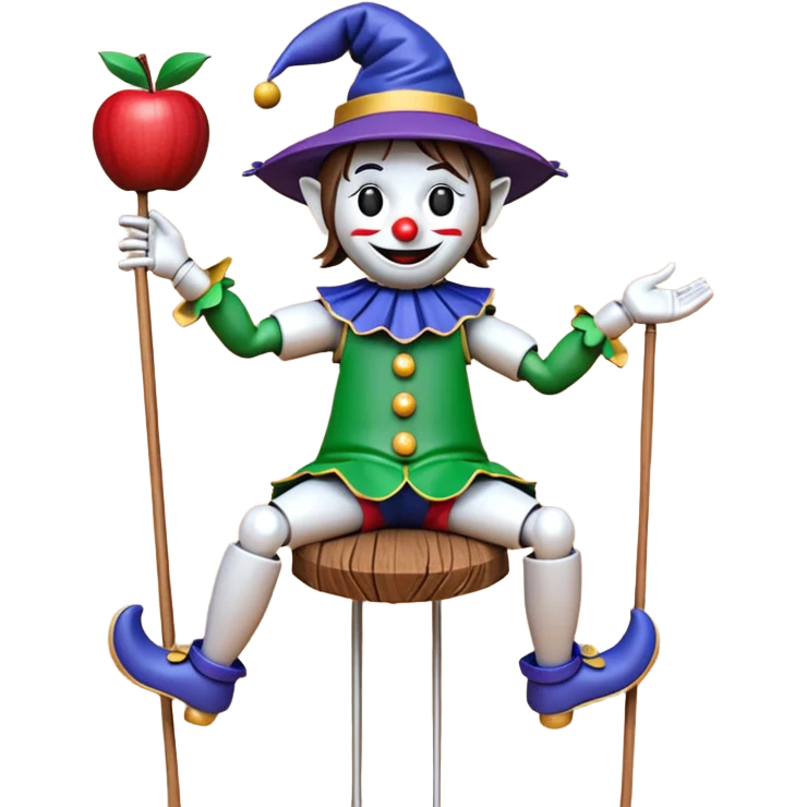 3D render of Jester Puppet as a wooden marionette puppet, Floppy hat, strings on hat, silver metal screw joints at elbows and knees, polished brown wood texture, rigid toy pose, Apple emoji style, isolated on white background --v 6.0. emoji