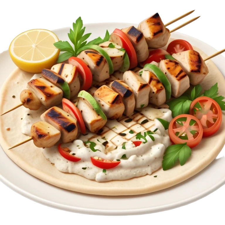 cinematic-realistic-souvlaki-dish-emoji,-showcasing-skewered,-2 grilled-chicken-with-mediterranean-spices-rendered-with-dynamic-textures-and-warm,-appetizing-lighting on pita bread on a plate emoji