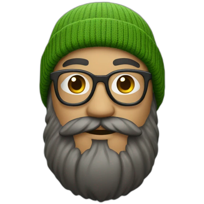 a man with big beard, wearing green beanie and round glasses emoji