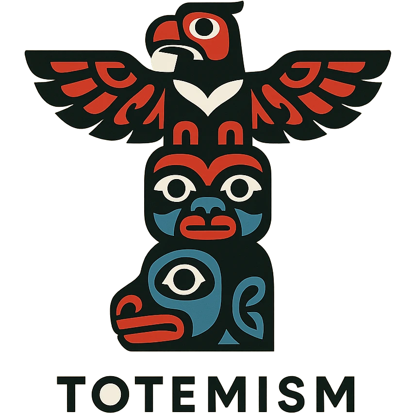 logo for Totemism inspired by Pacific Northwest totem poles with stylized eagle and animal figures arranged vertically, bold simplified shapes and tribal patterns in red black white and blue, modern memorable mark embodying indigenous artistry and spiritual meaning emoji