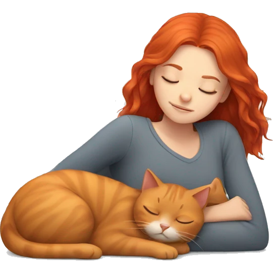 Girl with red hair sleeping next to a gray cat emoji