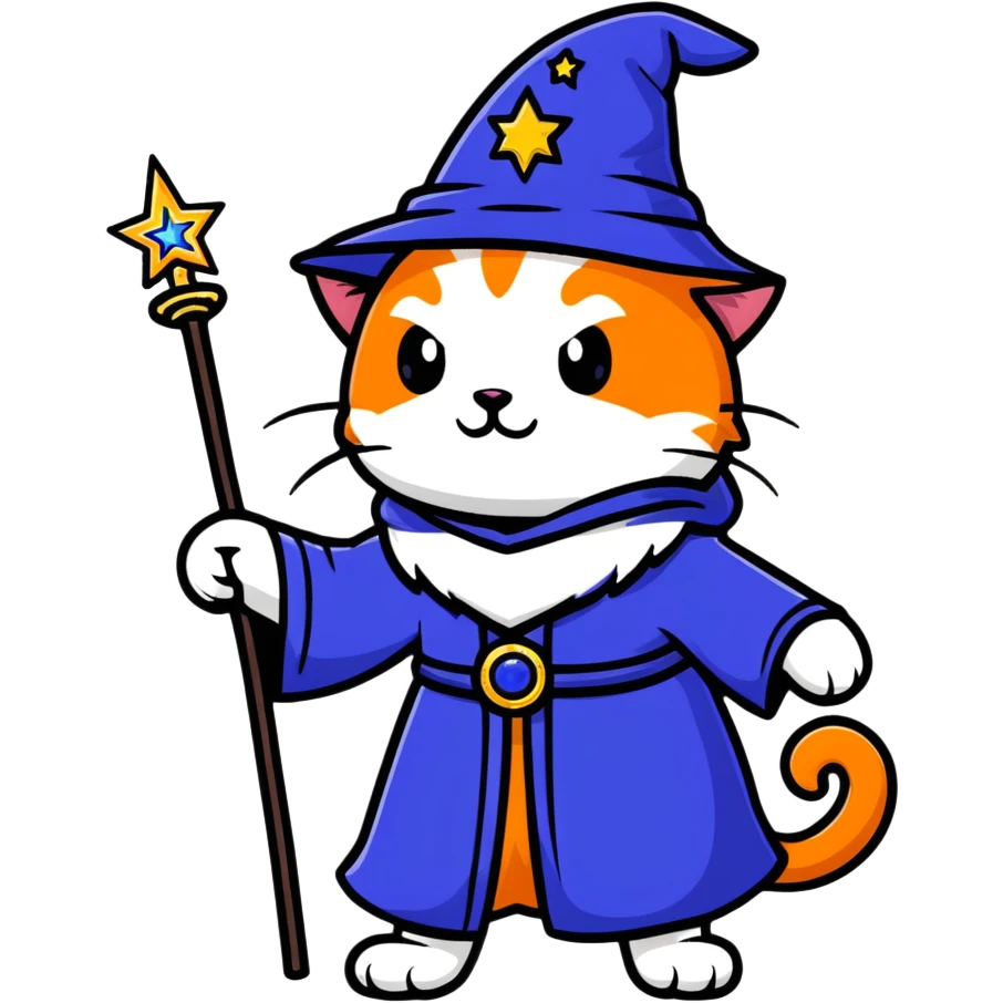 Mystical cat wizard with starry blue robes and glowing magic staff emoji