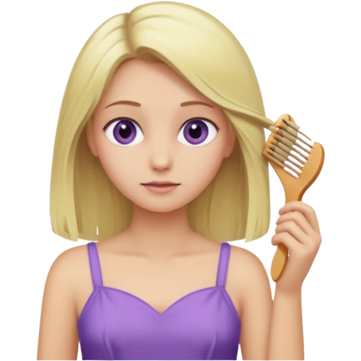 blonde girl with greenish eyes in a soft purple dress, combing her hair, iOS emoji style emoji